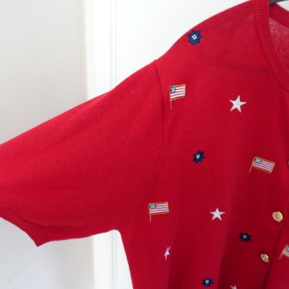 Teddi Embroidered Americana Patriotic Cotton Ramie Short Sleeve Red Cardigan L - Picture 6 of 8